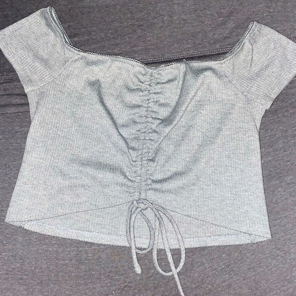 Gray off shoulder crop top with draw string in middle supper cute
